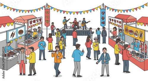 Outdoor Festival Scene with Food Stalls and Live Band