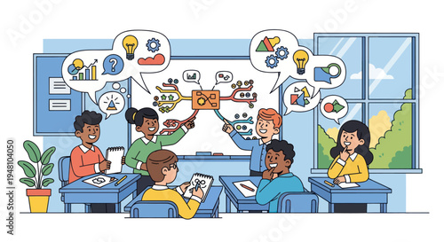 Diverse students engaged in collaborative brainstorming and learning in a bright classroom setting.