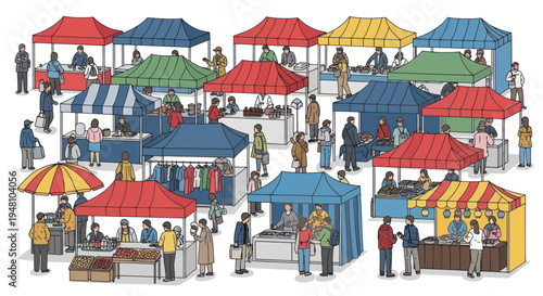 Outdoor Market with Colorful Stalls and Shoppers