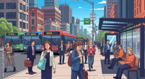 Diverse commuters waiting at a busy city bus stop on a sunny day