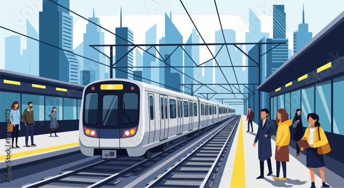 Modern City Train Station with Commuters and High-Rise Buildings