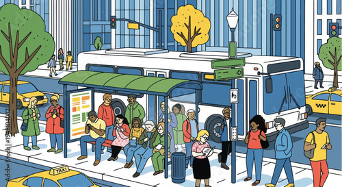 Diverse crowd waits at bus stop with city buildings, taxis, and bus