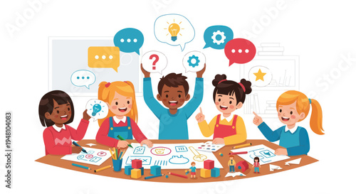 Diverse children brainstorm ideas at a table, sharing thoughts and creativity.