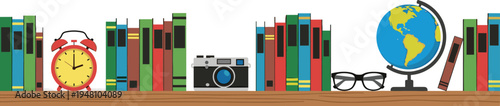 Colorful bookshelf with school supplies and clock alarm clock camera