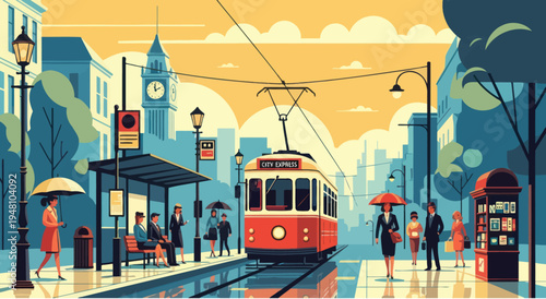 Retro Tram in Rainy City Street with People and Umbrellas