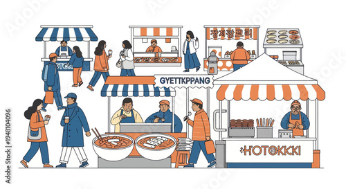 Korean Street Food Market Scene with People and Stalls