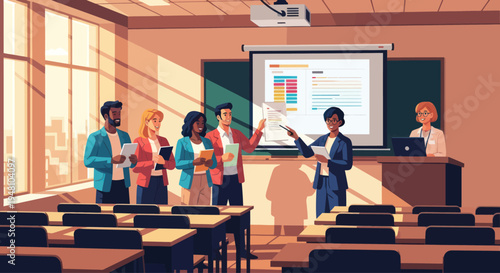 Diverse group of professionals in a modern classroom, presenting data on projector screen