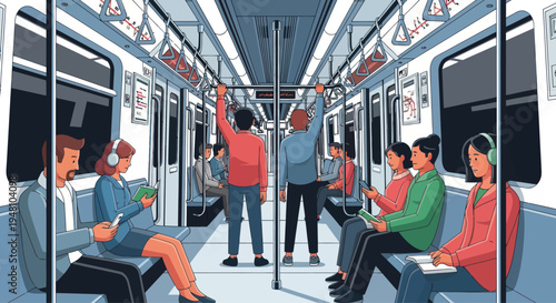 People commuting on a subway train, diverse passengers traveling daily