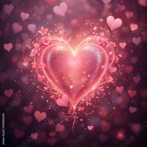 Glowing Pink Crystal Heart with Floral Accents on Bokeh Background