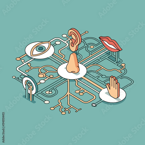 An artistic illustration of a circuit board depicting the five human senses.