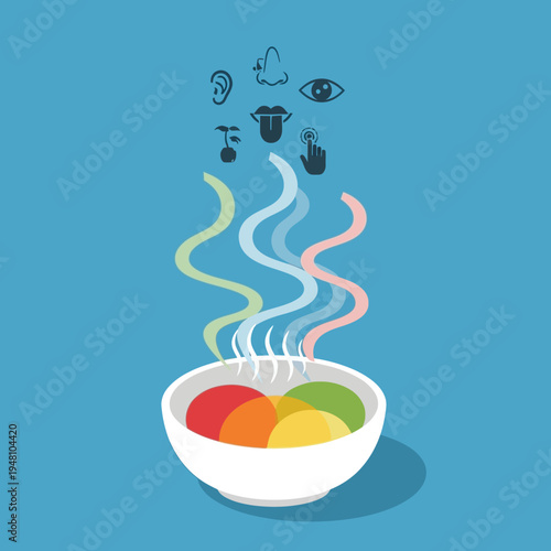 A vibrant illustration depicting a bowl of food with sensory icons above it.