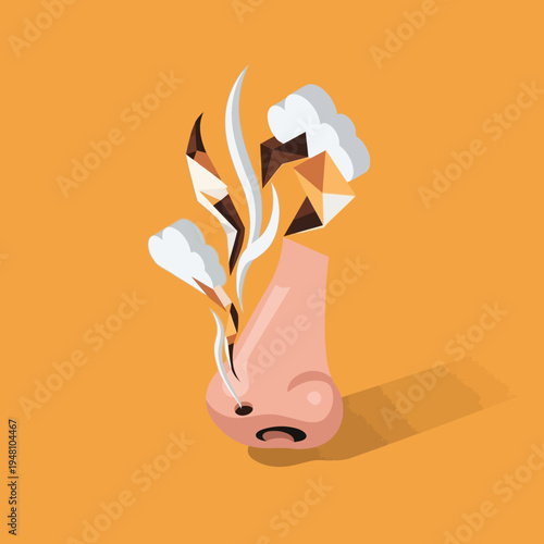 An illustration of a nose with emanating smoke, representing the sense of smell and odors.