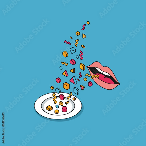 An illustration depicts a mouth expelling colorful geometric shapes onto a plate.