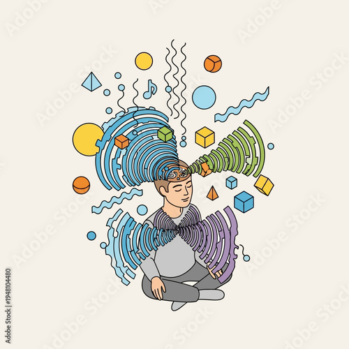 Illustration depicting a person meditating with colorful energy waves emanating from their head.