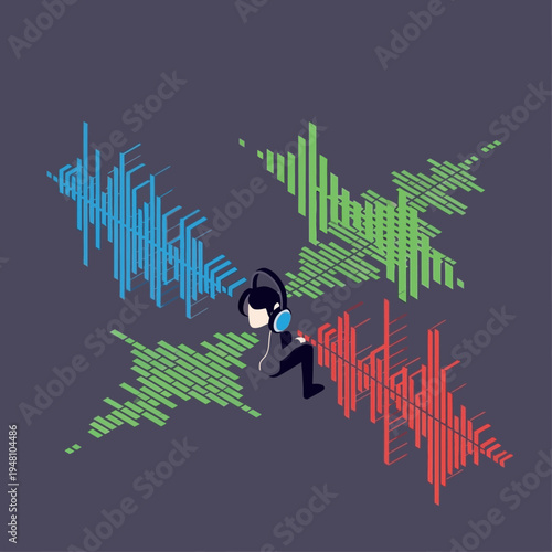 A person wearing headphones is surrounded by colorful sound wave patterns, representing music.