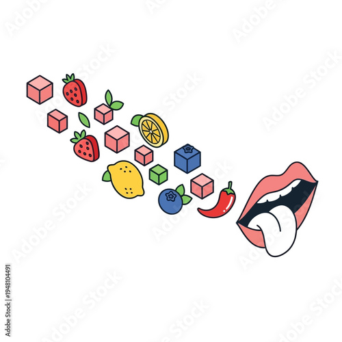 An illustration of a mouth with a tongue tasting various flavors of food.