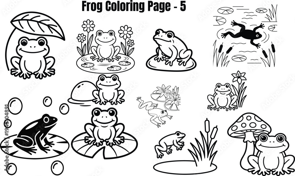 Obraz premium Black and white of frogs in various poses and settings
