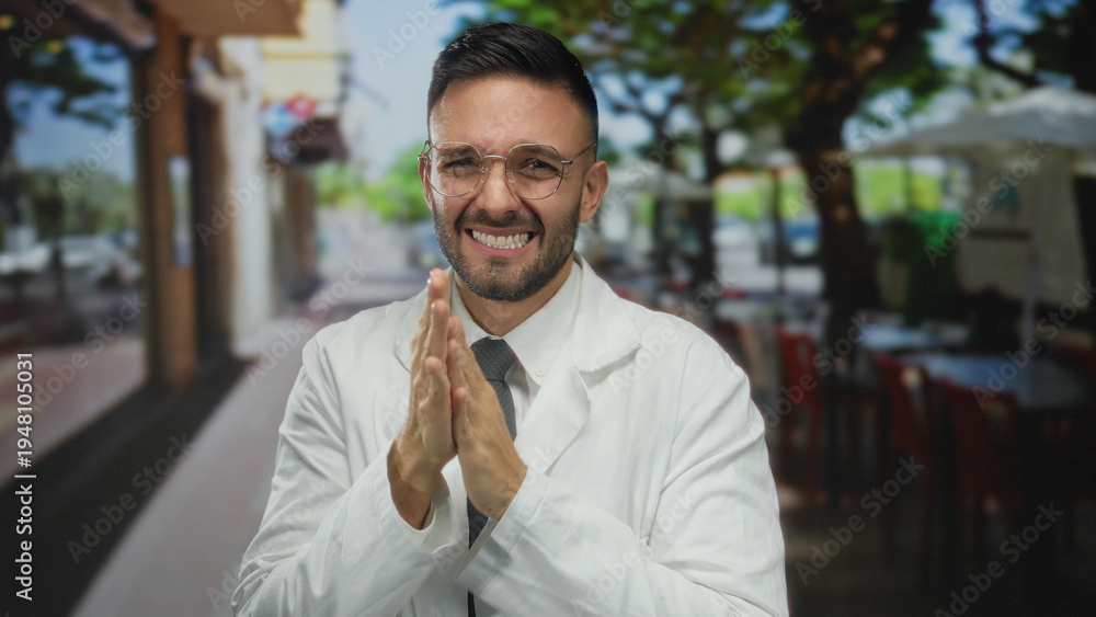 Obraz premium Hispanic man wearing a white coat and tie standing outdoors on a city street expressing cold with a smile while clapping hands during an urban day.