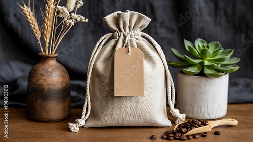 Rustic still life with linen drawstring bag coffee beans succulent plant and dried flowers on wooden table