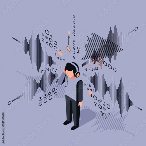 Isometric illustration of a person listening to music with sound waves and musical notes emanating outwards.