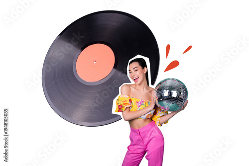 Composite art 3d creative image collage of happy carefree girl hold retro disco ball vinyl disk record friday party celebration