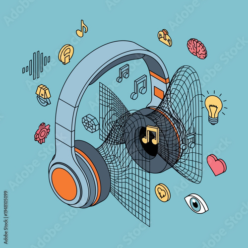 Isometric illustration of headphones with sound waves, musical notes, and abstract elements.