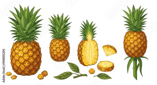 Fresh pineapple vector set with geometric skin texture, whole and sliced tropical fruit isolated on white background.
