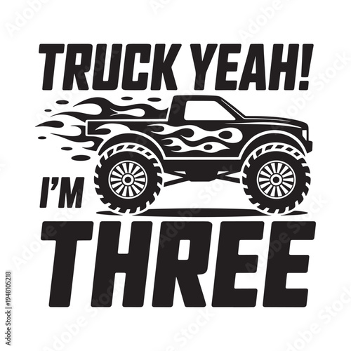 Black and white graphic of a monster truck with celebratory text