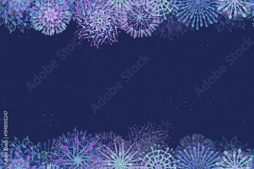 Watercolor fireworks frame background in blue night sky, Japanese festival banner template