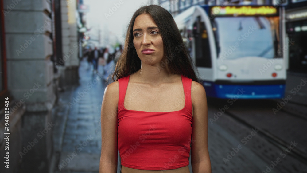 Fototapeta premium Woman grimaces wearing a red tanktop showing bare collarbone on a busy city street with a tram behind her; urban disgust.