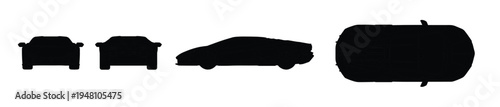 Modern Sports Car Silhouette Vector Set, Supercar Front Side Rear and Top Views