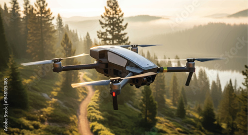 Drone flying over serene forest landscape with a lake in the background during sunset glow