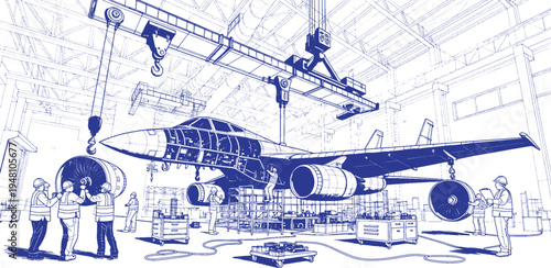 Fighter Jet Assembly Hangar Vector Line Art, Aerospace Defense Manufacturing Plant with Cranes and Engineers Installing Aircraft Parts, Military Aircraft Production Facility Technical Industrial