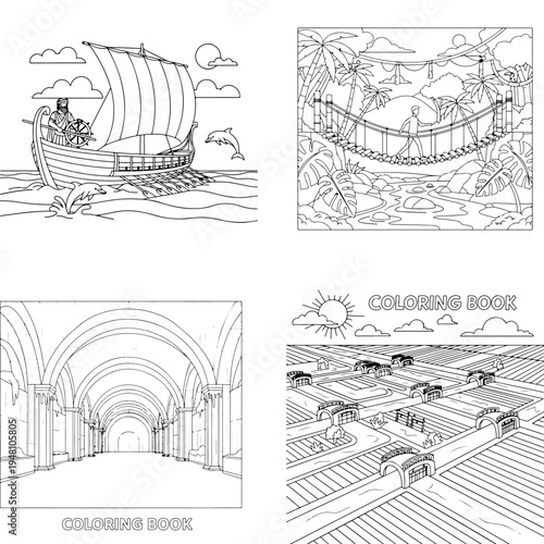 Diverse line art coloring book: ancient sailboat, treehouse resort, grand hall, farmland