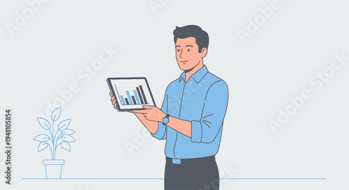 Man in business attire holding a tablet displaying a financial chart, representing data analysis and business growth