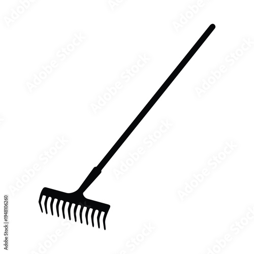 A garden rake with a long handle and multiple tines for yard maintenance tasks
