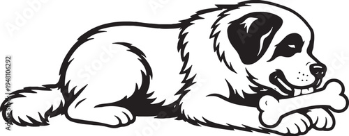 Saint Bernard Chewing Bone Lying Down Black and White Line Art Vector Illustration
