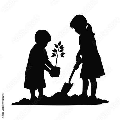 Two children planting a small sapling together in a garden.