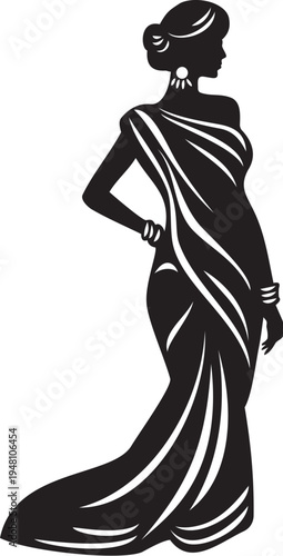 Elegant Woman Saree Silhouette. Traditional Fashion.