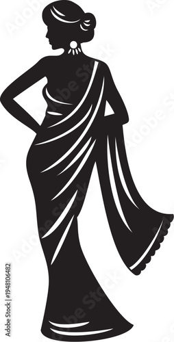 Elegant Woman Saree Silhouette. Traditional Fashion.