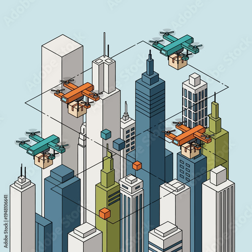 Isometric illustration of drone delivery service in a modern urban environment.