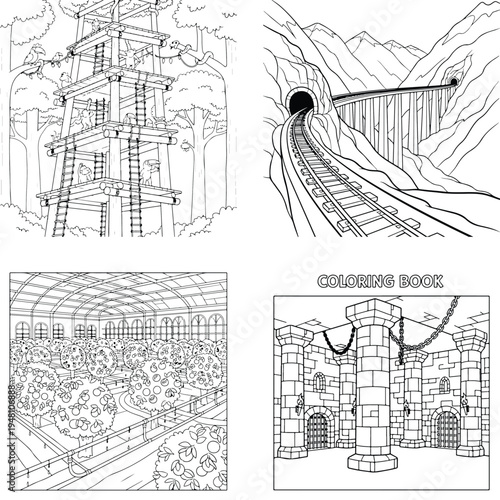 Diverse line art coloring book: pagoda, railway tunnel, greenhouse, and dungeon crypt