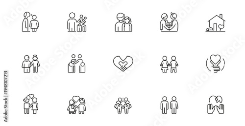 A set of minimalist line art icons depicting people and relationships