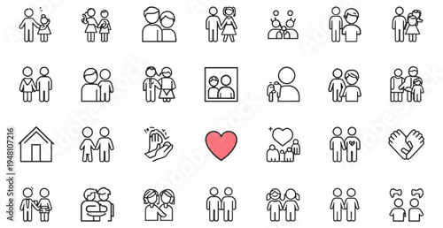 A set of minimalist line art icons depicting people and relationships