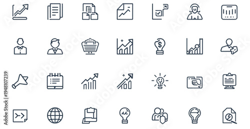 A collection of business and finance icons in a minimalist line art style