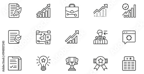 A set of business icons in a flat, minimalist design style