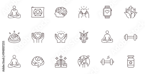 A set of minimalist line art icons representing mental health and wellness concepts
