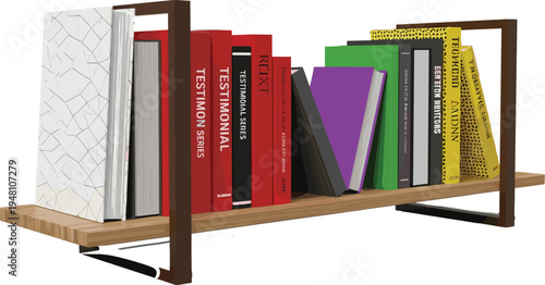 Brown metal and wood book shelf with colorful books bookshelf
