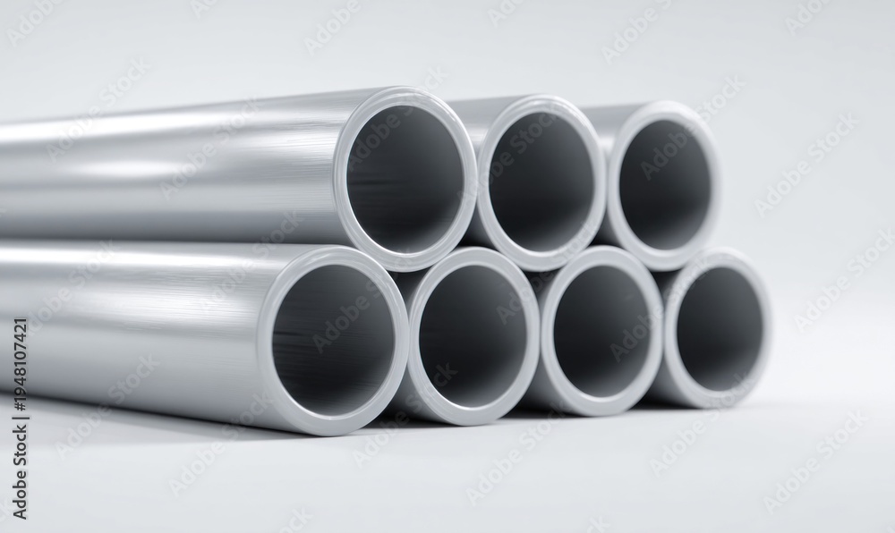 Fototapeta premium Stack of seamless metal pipes with brushed texture on a clean white background