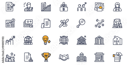 A collection of business and finance icons in a flat, minimalist design style